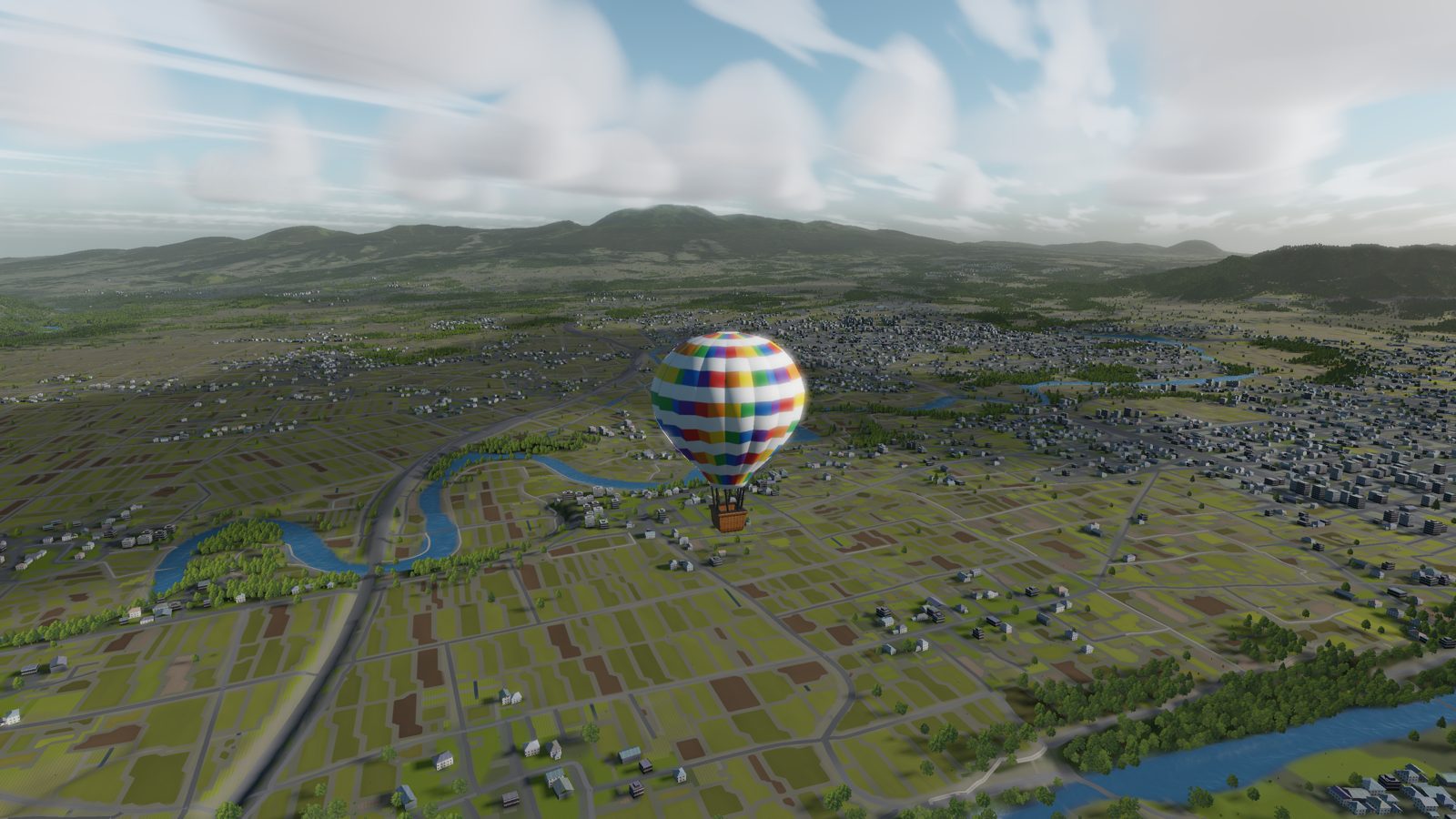Balloon Journey Japan の画面。実測データから再現した田畑と市街地