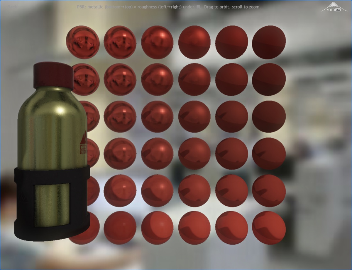 Yotei3D の画面。金属度と粗さを段階的に変えた球